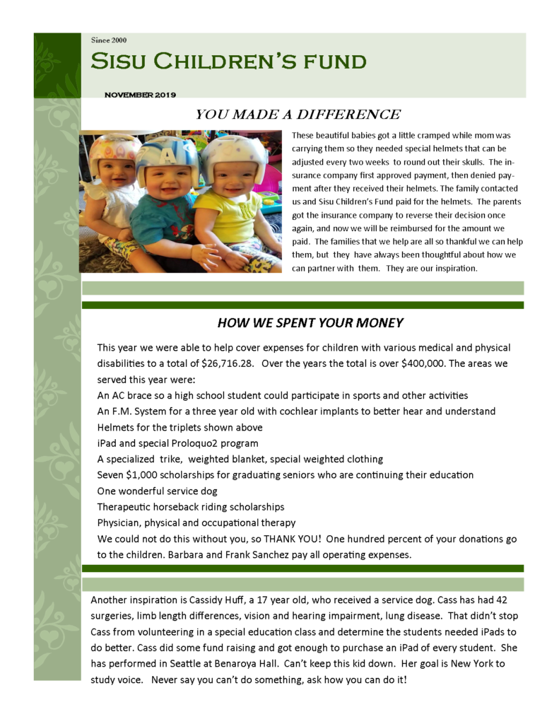Image of the front page of the Winter 2020 Newsletter. The newsletter is titled Sisu Children's Fund. There is a photo of 